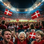 Crowd of Danish fans singing the national anthem passionately at a packed football stadium.