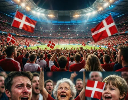 Crowd of Danish fans singing the national anthem passionately at a packed football stadium.