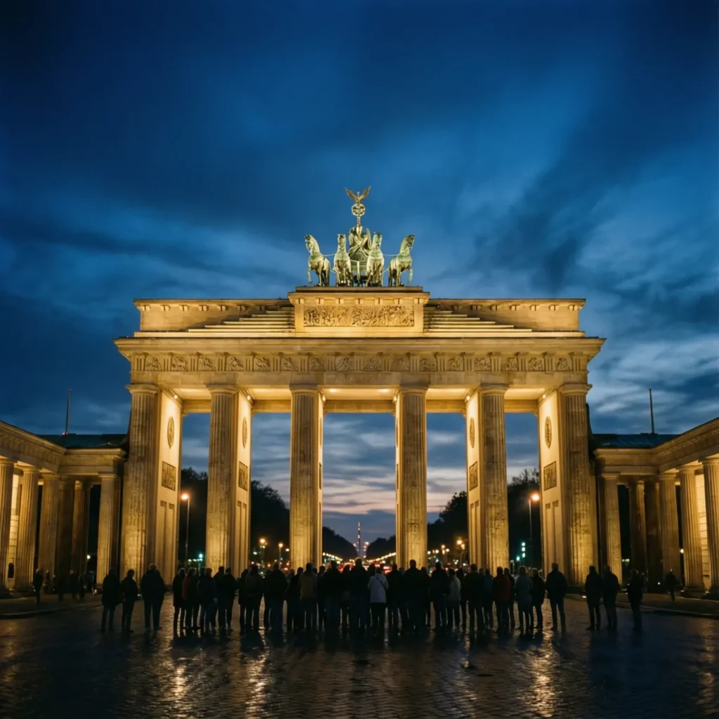 Iconic Brandenburg Gate in Berlin illuminated at night, symbolizing German unity.