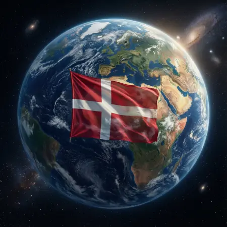 Danish flag waving over Earth from space, symbolizing global presence and national pride.