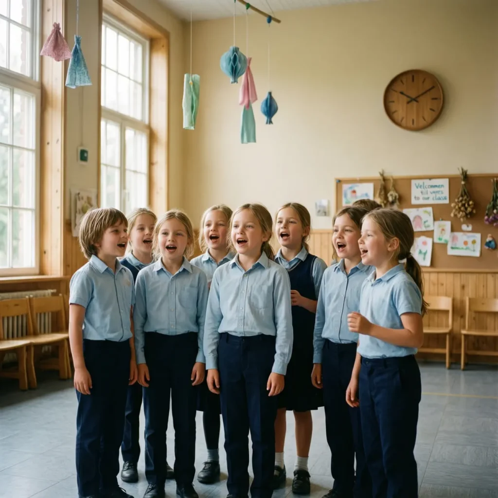 Group of diverse Danish schoolchildren singing the national anthem with hands on their hearts.