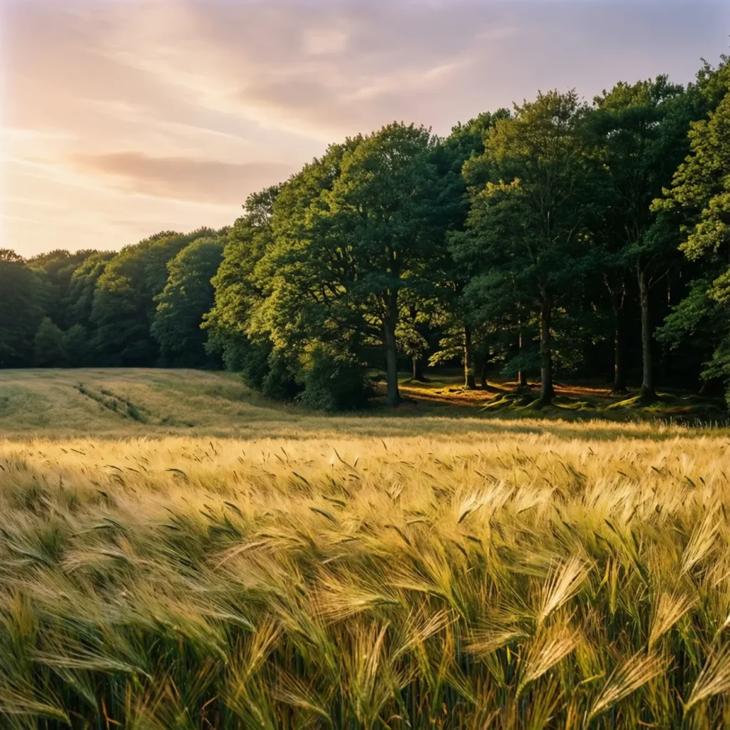 Serene landscape of rolling wheat fields and beech forests in Denmark, symbolizing the 'lovely land'.